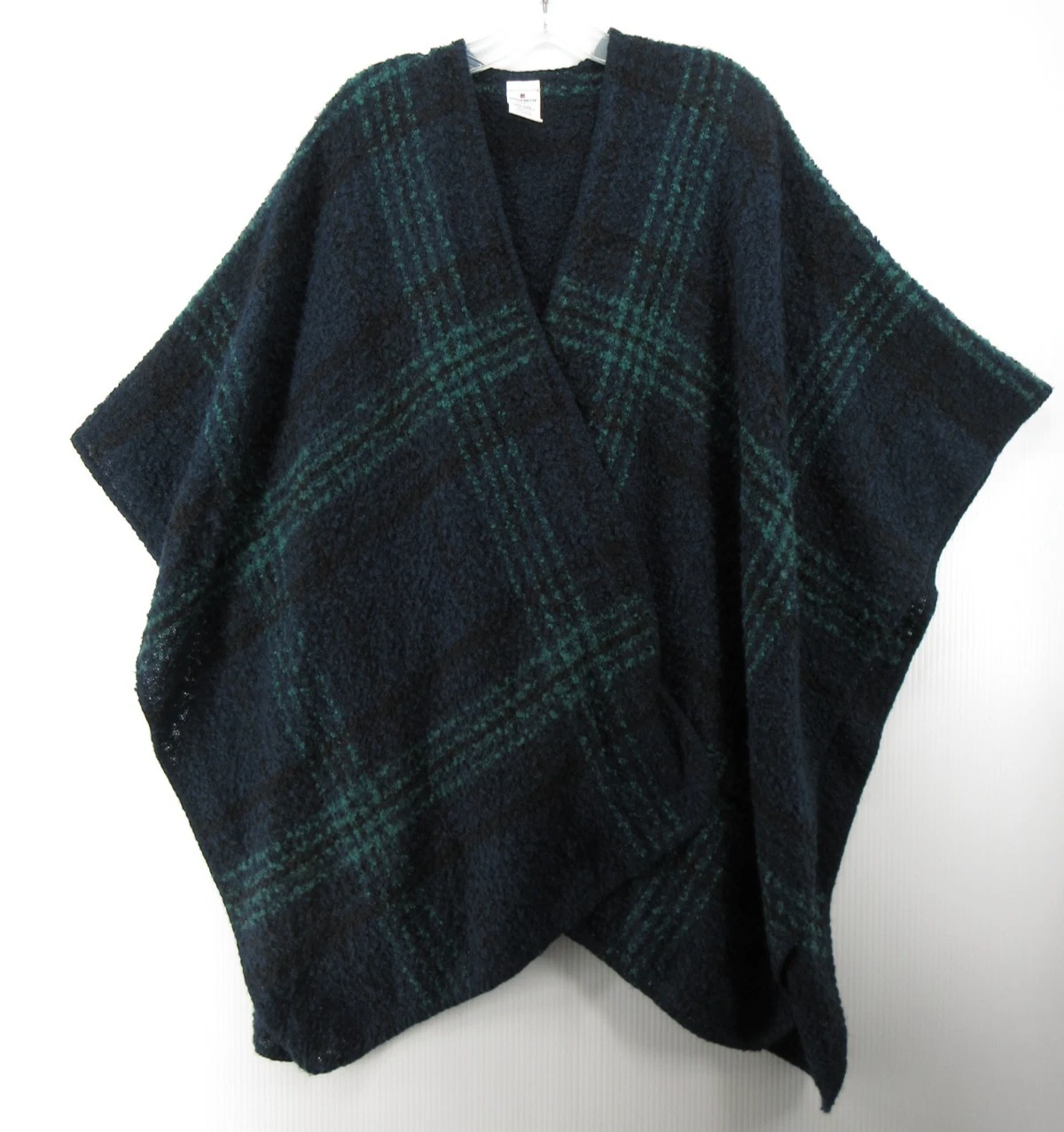 Woolrich Sweater Women One Size Blue Green Open Poncho Cape Cardigan Wrap Plaid