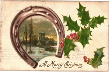 Christmas New Year Holiday Horseshoe Holly Winter Scene Newark NY 1907 Postcard