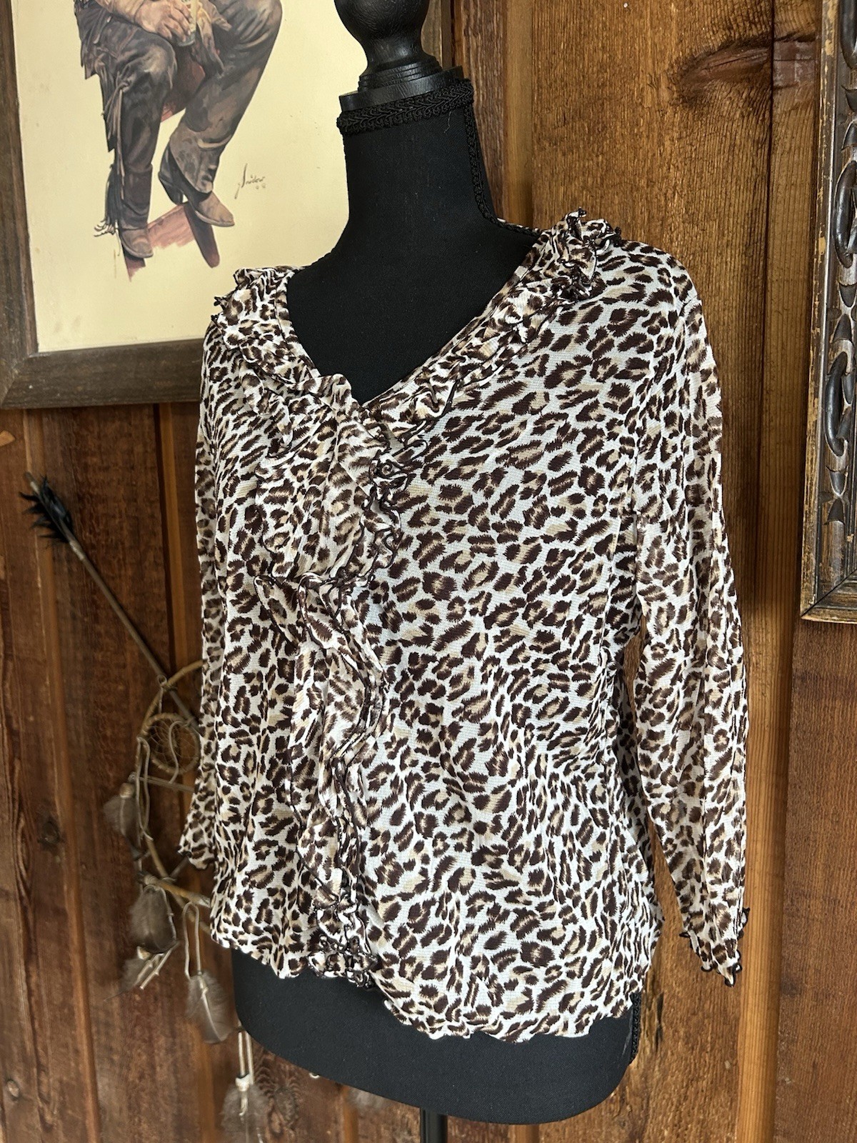 Leopard Cascade Ruffle Sheer Y2K Preppy grunge  Chiffon Blouse Petite Small