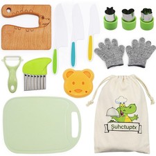 14 Pieces Wooden Kids Kitchen Knife Set with Gloves Cutting Board Fruit Veget...