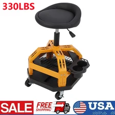 Rolling Garage Stool 330LBS Adjustable Height Work Shop Seat w/Cup Holder Yellow