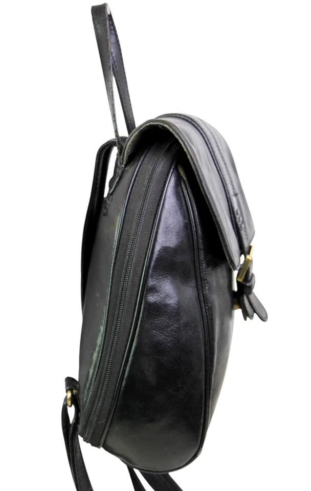 Hexagona PRETO COURO REAL ZÍPER EM TORNO DA ABA MOCHILA BOLSA DE OMBRO BOLSA DE MÃO - Imagem 4 de 4