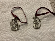 Longaberger 1998 Set of 2 Pewter ANGEL ORNAMENTS Hope Love Basket Tie Ons