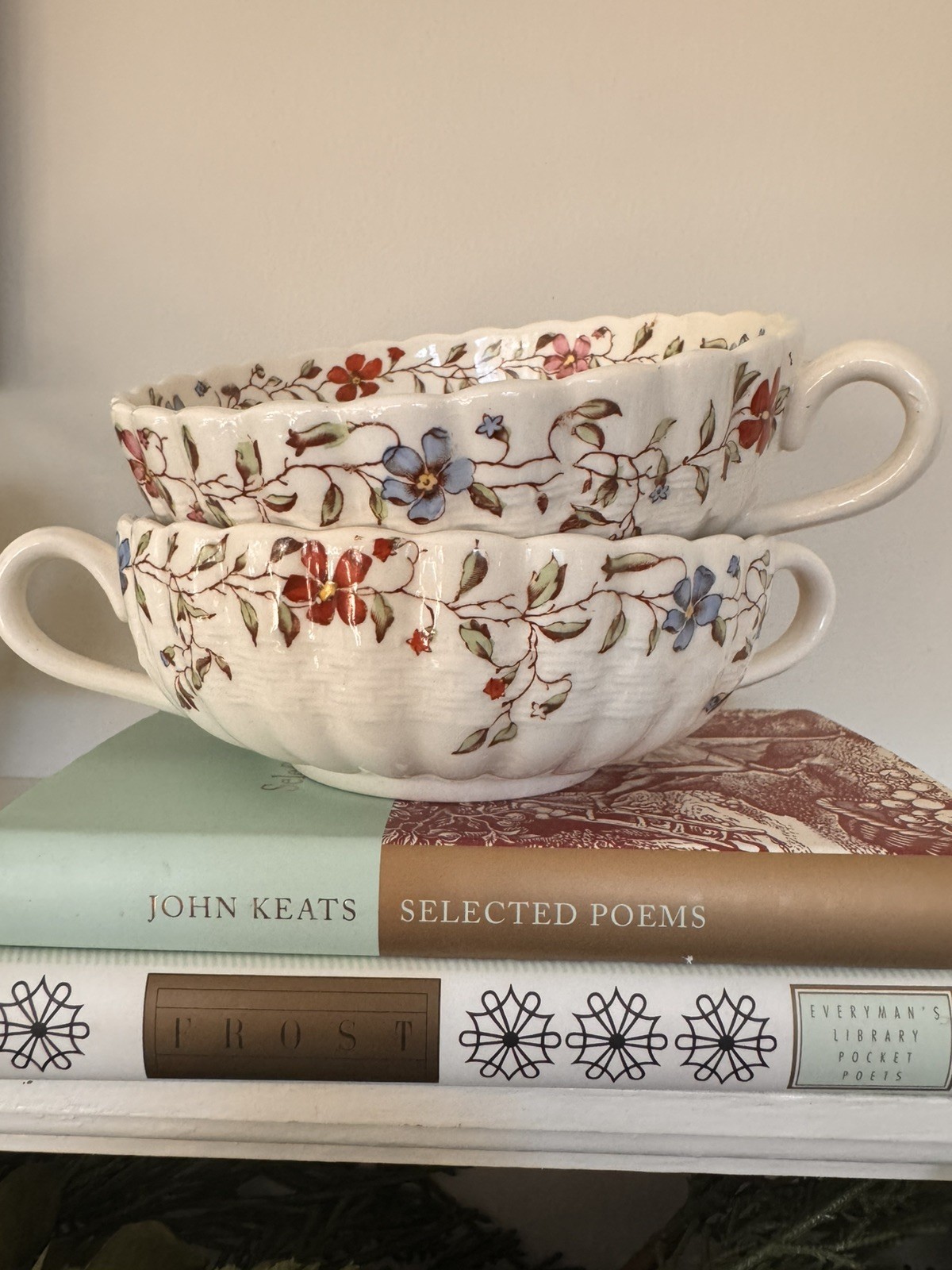 PAIR Vintage Spode “Wicker Dale” Flat Cream Flowers Soup Bowl w/ Handles England