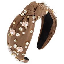 Pearl Headbands Women Top Knotted Brown Wide Turban Hair Band Fashion 1 Pack