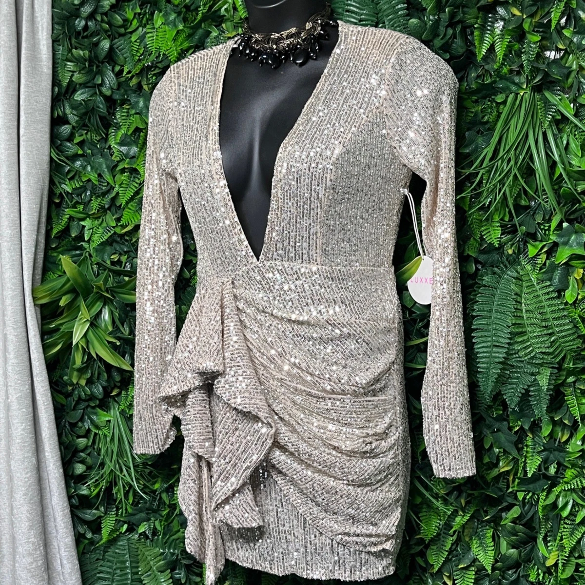 surplice wrap ruched sequins bodycon dress SHEIN Clasi Plus Surplice Neck Ruched Split Hem Sequin Bodycon Dress