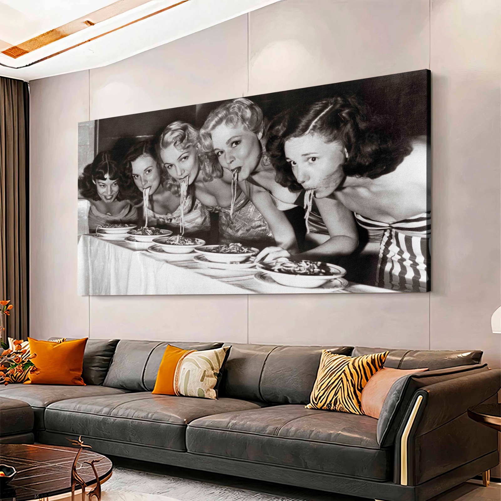 Poster donna che mangia pasta su tela