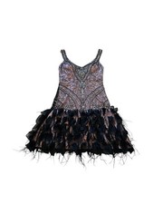 Sue Wong Nocturne Cocktail Party Dress Beaded Sequin Tulle Feathers Gatsby Sz 4