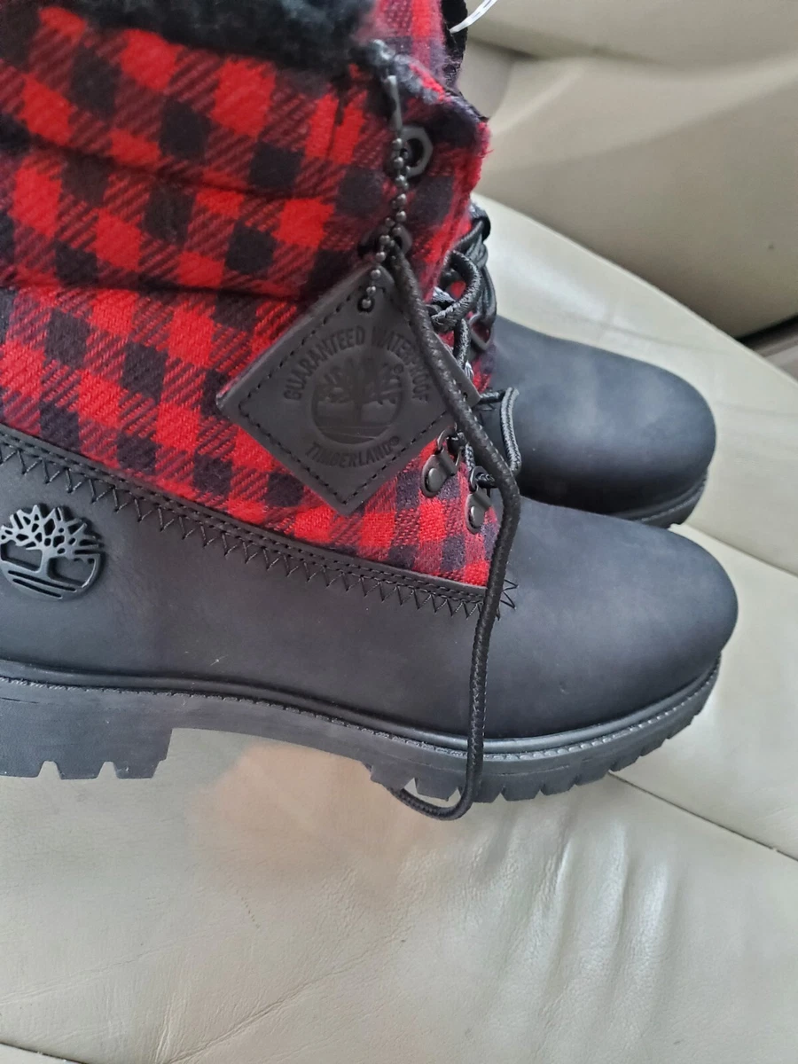 Timberland Puffer Faux Fur Black and Red Checker Boots Men s sz 8.5US