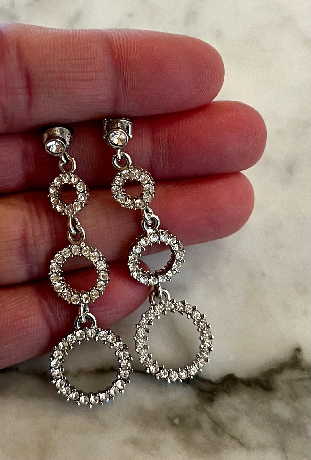 Clear Rhinestone Dangle 3 Circle Dangle Drop Earr… - image 3