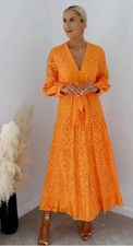 ZARA CUTWORK EMBROIDERED BALLOON SLEEVE ORANGE MIDI MAXI DRESS SIZE XS 8 7788932