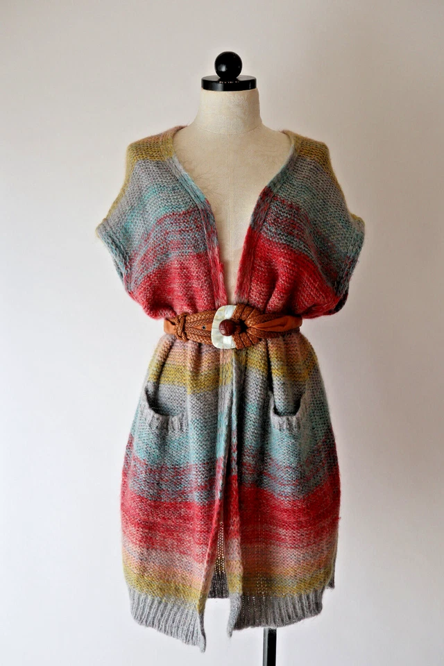 Chaleco plumero tejido frente abierto Anthropologie Moth arco iris rayas mohair XS Foto 2 de 4