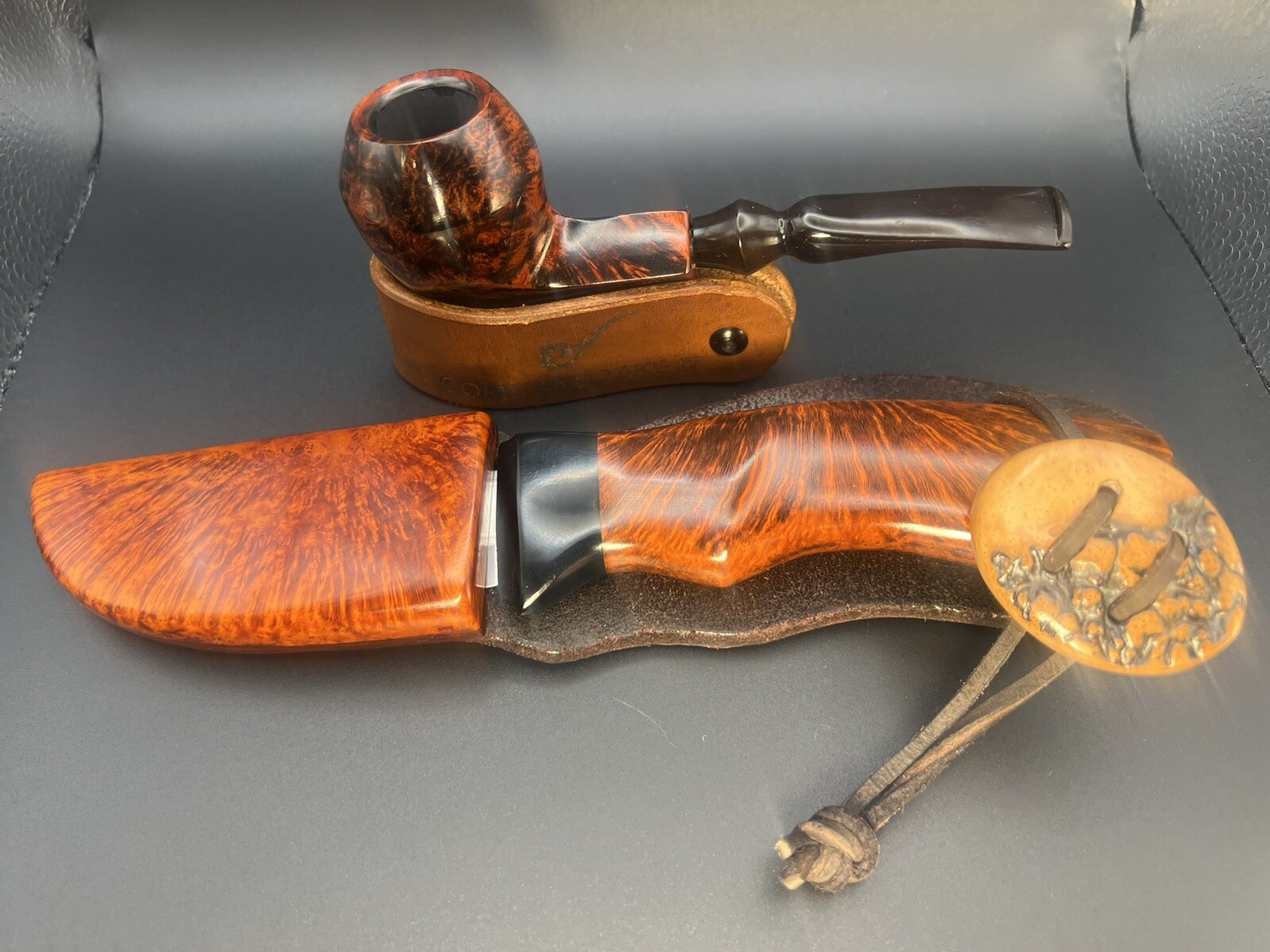 Vintage UNSMOMKED Erik Nording Bulldog Tobacco Pipe And Skinning Knife Set