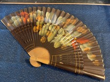 Vintage OLD Wood  Fabric Folding Fan Hand painted Flowers Greens/reds/blues