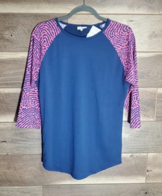 LuLaRoe Randy Blue with Pink and Blue Pattern Mid Sleeve Shirt - Size M NWT