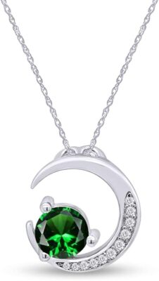 Crescent Moon Pendant Necklace Round Cut Simulated Emerald 925 Sterling Silver