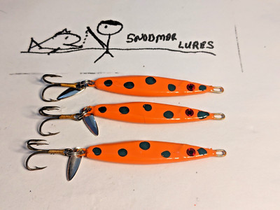 3 - 1/2 oz  Flutter Spoon Slab Lead FISHING LURE JIG JIGGING Orange black dots