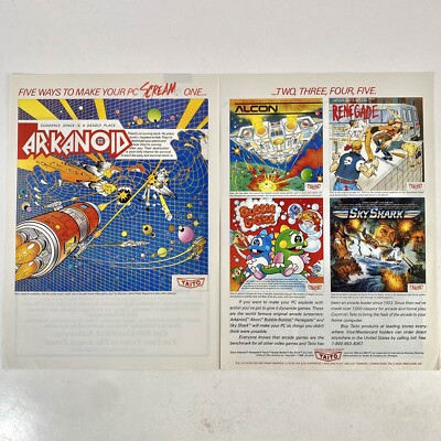 Taito Vintage 1980s Computer PC Video Game 2-Page Print Ad Poster Arkanoid Alcon