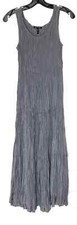 EILEEN FISHER Steel Gray Crinkled Crushed Silk Shirred Tiered Midi Dress XS 2/4