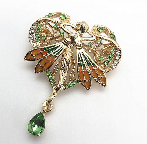 Women's Green Crystal Enamel Fairy Angel Heart Brooch Pin - Picture 2 of 3