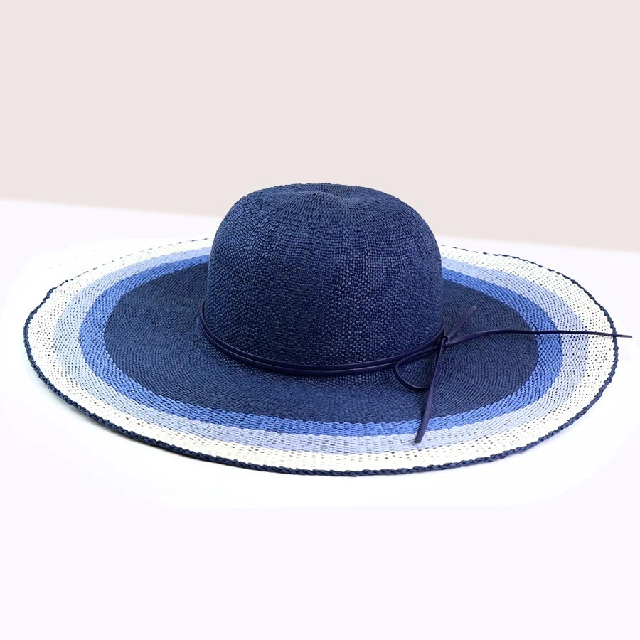 Womens Wide Brim Sun Hat Navy Blue Stripe Summer Beach Hat Faux Leather Trim