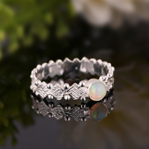 Fire Opal Engagement Band Ring 925 Sterling Silver Handmade Rings Jewelry - Picture 3 of 5