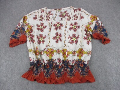 Figueroa & Flower Top Womens Plus 1X White Red Floral Sheer Ruffle Boho Blouse