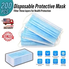200 Pcs - Disposable Face Masks Earloop Blue 3-Ply Unisex Mouth & Nose Cover