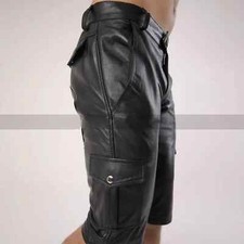 Luxury Men's Black Leather Shorts Real Sheepskin Stylish Cargo Shorts Pant
