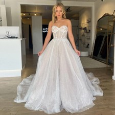 Boho A-Line Wedding Dresses Strapless Sweep Train Sparkly Sequined Bridal Gowns