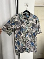 VTG Hawaii Blues Men Large Short Sleeve Blue Button Up Floral Shirt Cotton Blend