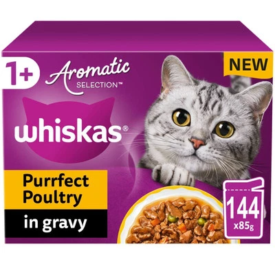 144 x 85g Whiskas 1+ Adult Wet Cat Food Pouches Aromatic Poultry in Gravy