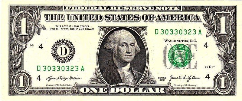 $1 2021 Fancy Serial  Uncirulated CU D30330323A