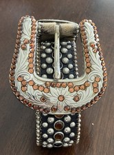 BB Simon Gold Leather Belt Swarovski Crystal Studded Size 36 XL Western Bling