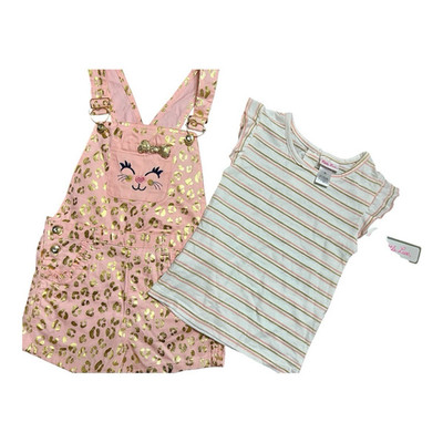 Little Lass Girls Size 6X 2pc Sequin Leopard Shortalls & Striped Tee Pockets
