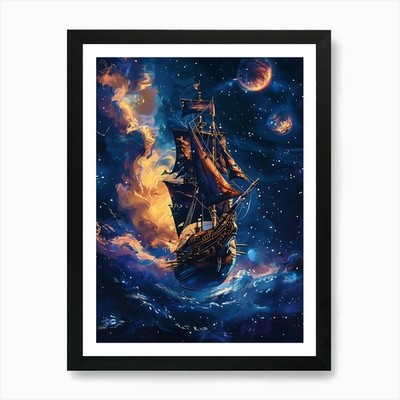 Fantasy Schiff schwebt in der Galaxis gerahmtes Wandbild Poster Leinwanddruck Bild