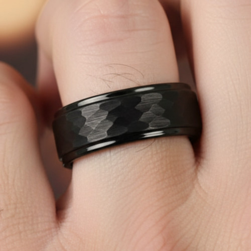 8mm Black Tungsten Wedding Band - hammered Texture Stepped Edge Ring
