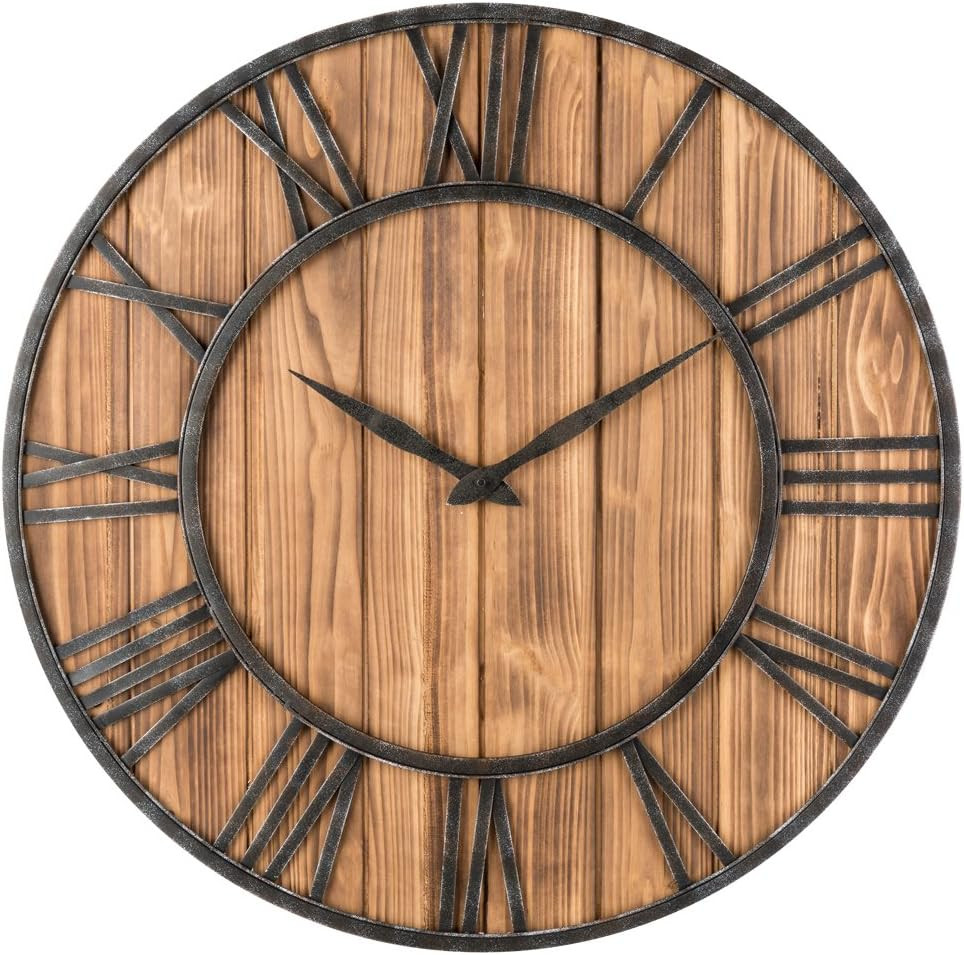 Oldtown Rustic Farmhouse Metal & Solid Wood Noiseless Wall Clock (Wood, 30-Inch)