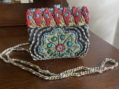 Mary Frances Designer TURQUOISE crossbody Handbag Beaded Blue, Pearl Red Bag NEW