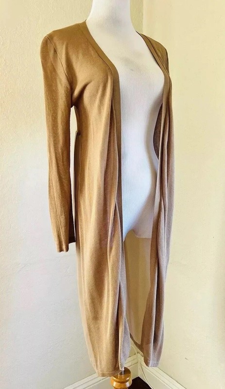 Sheer Back Lightweight Coat Long Cardigan Stretch Knit Open Front Tan Beige