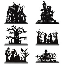 6 Pcs Halloween Wooden Centerpiece Decoration Silhouette Sketch Ghost House