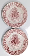 2 Queen’s Thanksgiving 8" Salad Plates Turkey Design Myott Factory Archive Red