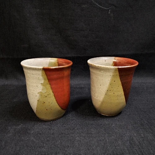 2 Vintage Signed Studio Pottery Ceramic Brown Tan Red Glazed Tumbler Cups