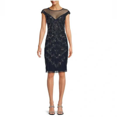 adrianna papell beaded illusion sheath dress Adrianna Papell Womens Beaded Illusion Yoke Dress, Size 4  Vanessa Jane