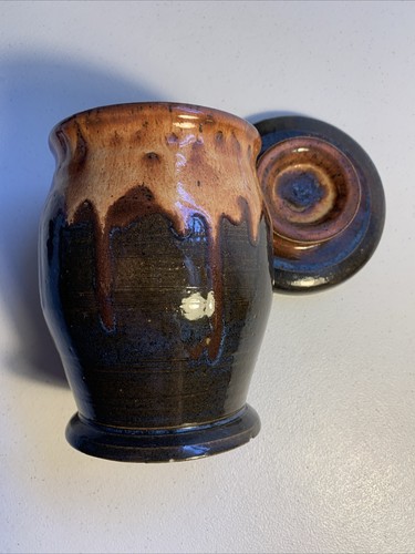 Keramik handgeworfen signiert FRÜHLING Topf mit Deckel glasiert Urne braun mit blauem Farbton - Bild 3 von 13