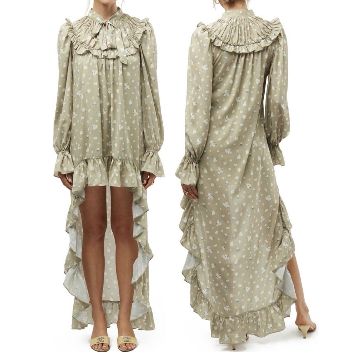 New We Wore What Floral Tie Neck Long Sleeve High Low Dress Green Size Small