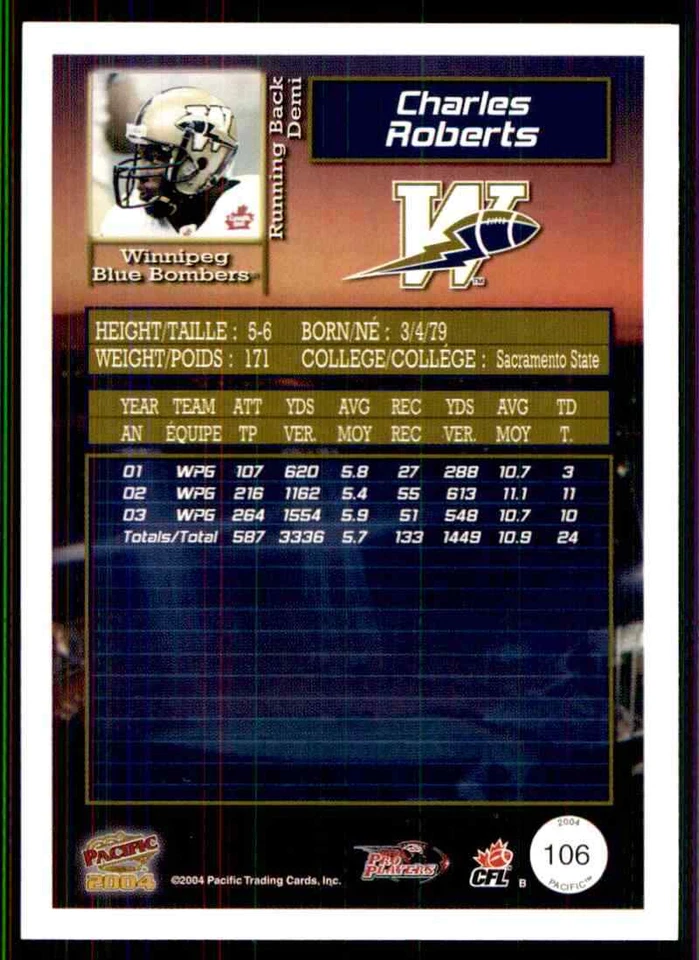 2004 Pacific CFL Charles Roberts #106 - Image 2 of 2