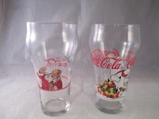 2 Coca-Cola Christmas Glasses - bell style - 1997 Santa & Polar Bear Tree