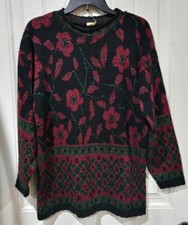 Vintage 80s Red Green Metallic Floral Black Sweater Womens' L XL -READ