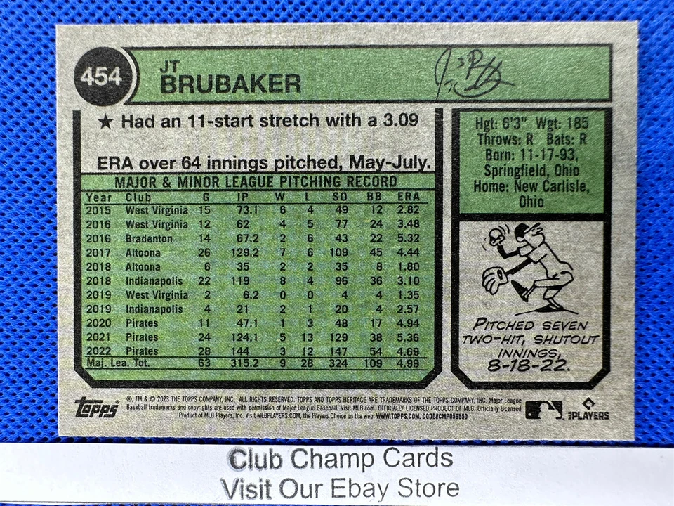 2023 #454 JT Brubaker Topps Heritage Baseball Short Print SP Pirates - Image 2 of 2